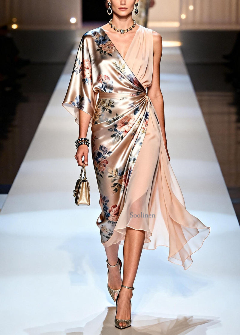 Italian V Neck Print Asymmetrical Design Silk Dress Summer