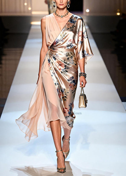 Italian V Neck Print Asymmetrical Design Silk Dress Summer
