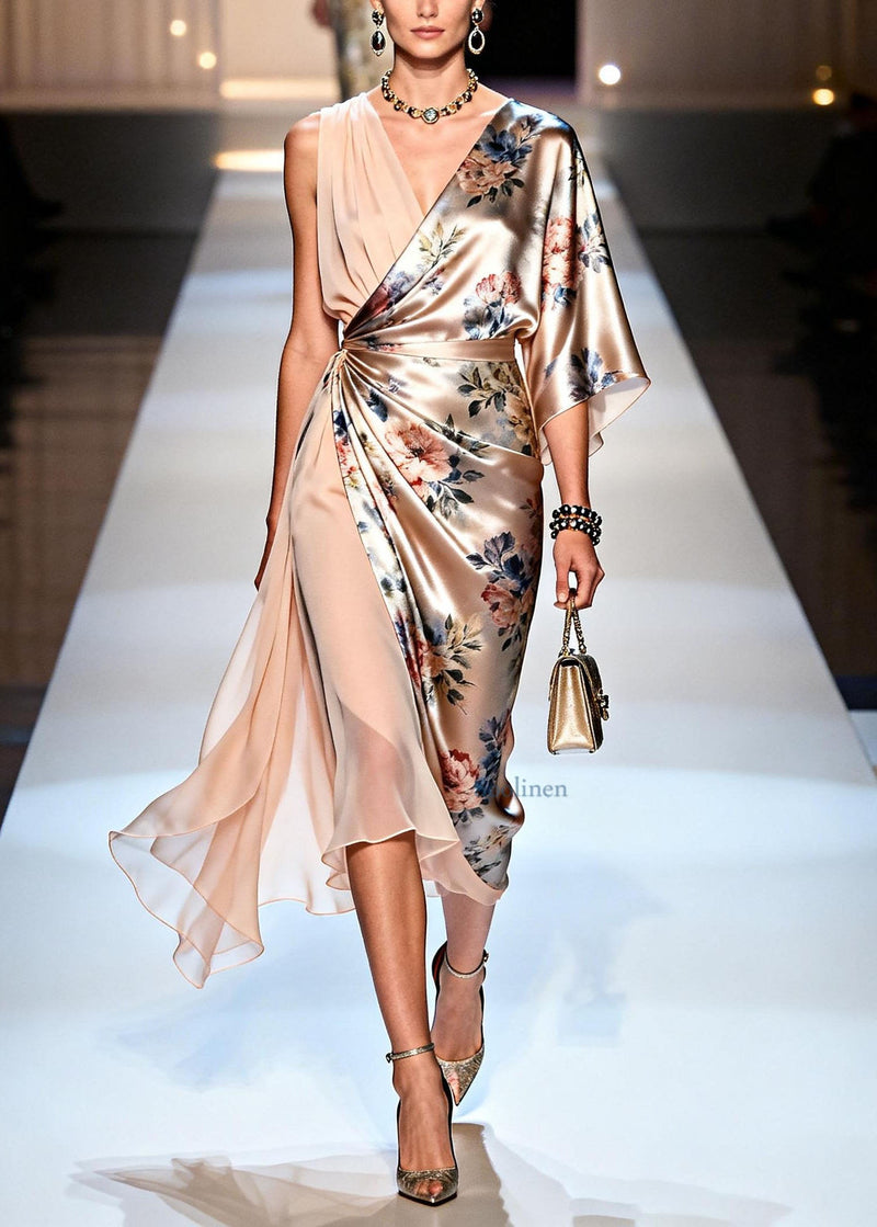 Italian V Neck Print Asymmetrical Design Silk Dress Summer