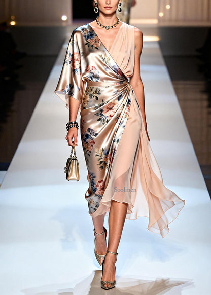 Italian V Neck Print Asymmetrical Design Silk Dress Summer