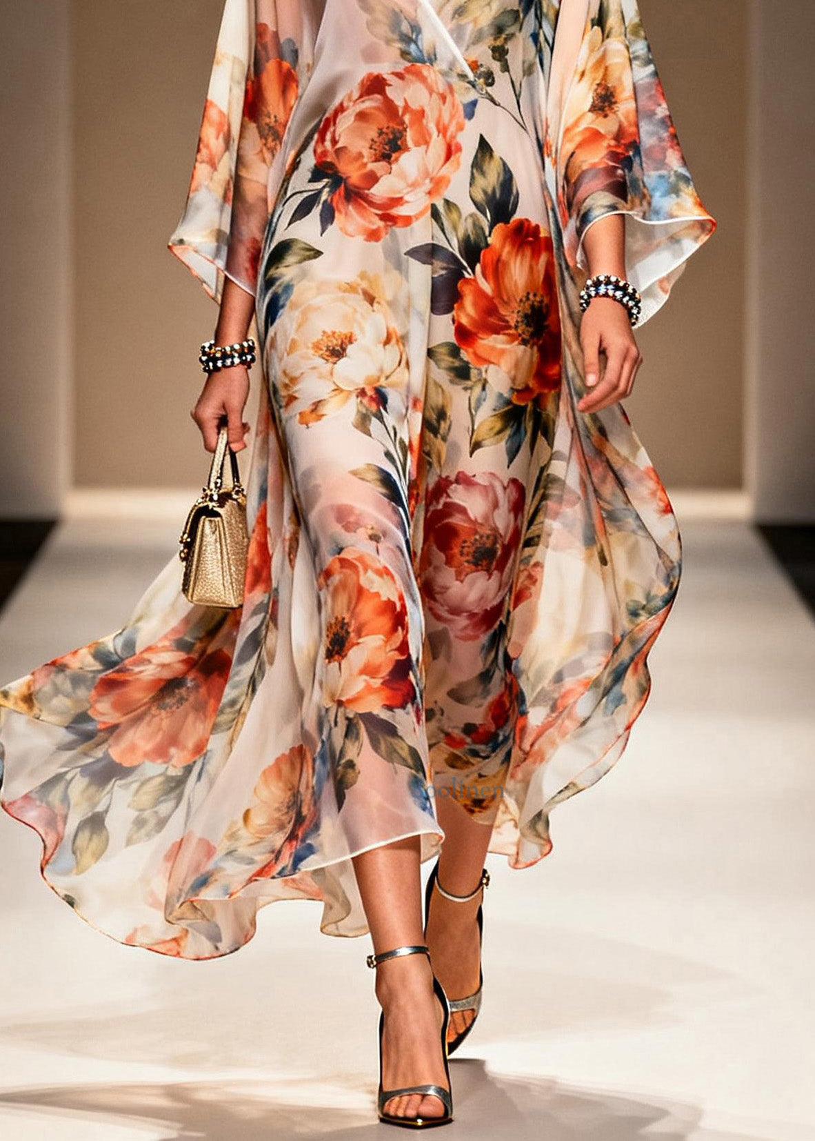 Italian V Neck Print Chiffon Long Dresses Summer