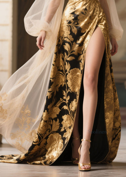 Italian V Neck Print Patchwork Side Open Silk Long Dress Spring