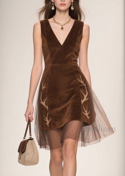 Italian V Neck Tulle Patchwork Velour Dresses Sleeveless