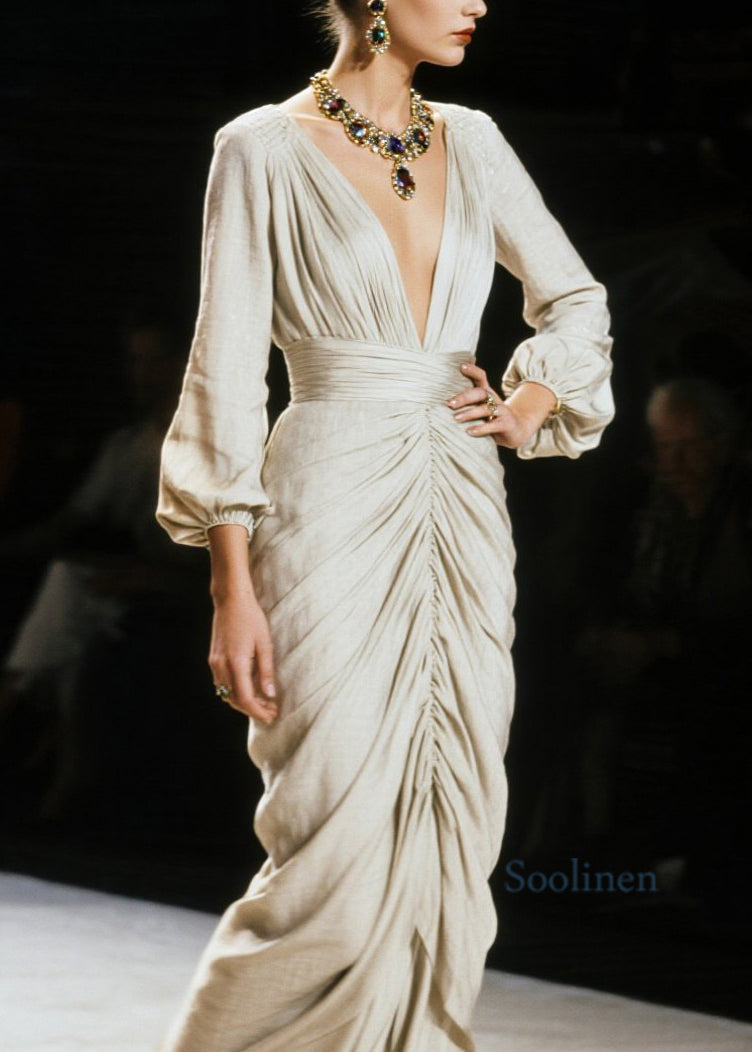Italian V Neck Wrinkled Cotton Long Dress Spring