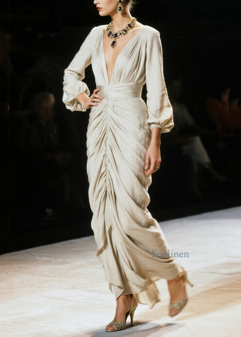 Italian V Neck Wrinkled Cotton Long Dress Spring