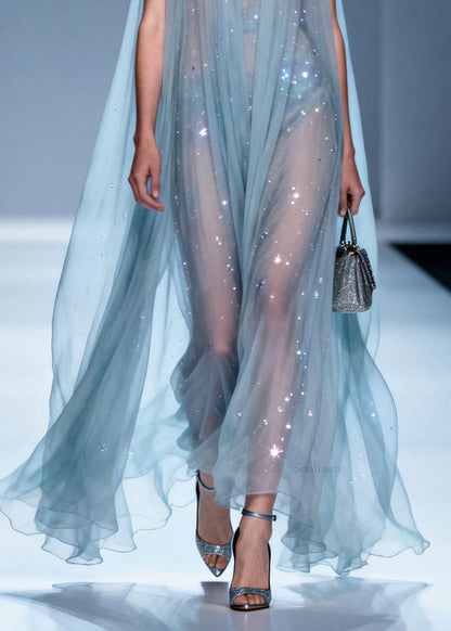 Italian V Neck Zircon Patchwork Chiffon Dress Sleeveless
