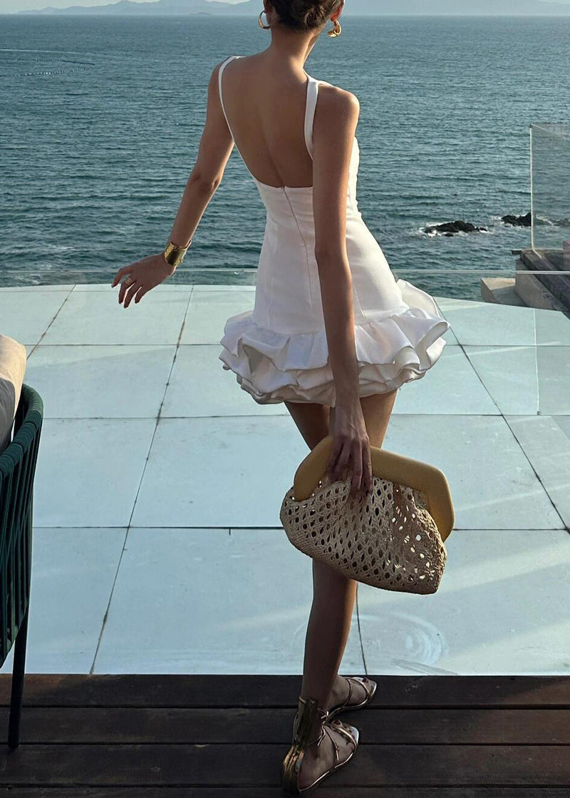 Italian White Backless Cotton Party Dress Sleeveless