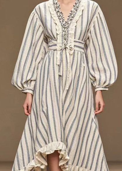 Italian White Cinched Striped Silk Velvet Long Dress Fall