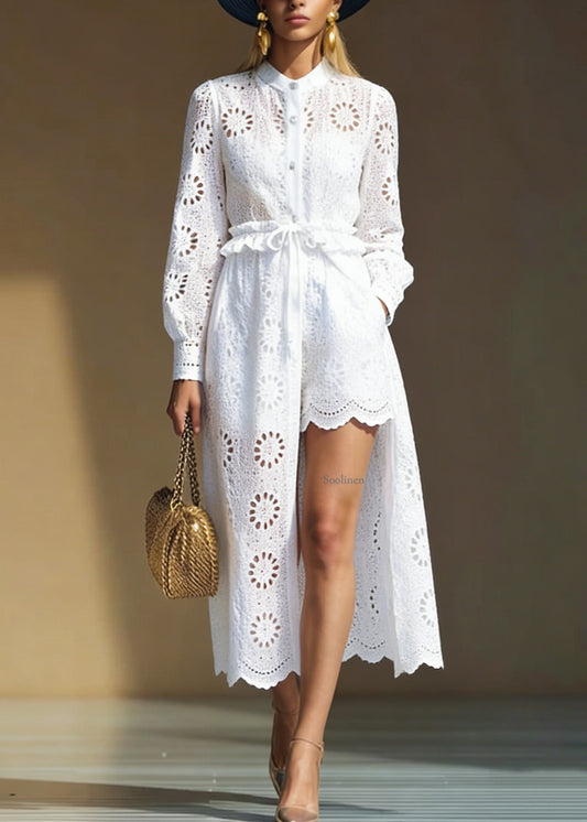 Italian White Hollow Out Cardigans and Shorts Cotton Two Pieces Set Spring