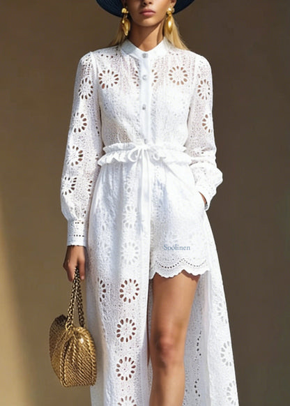 Italian White Hollow Out Cardigans and Shorts Cotton Two Pieces Set Spring