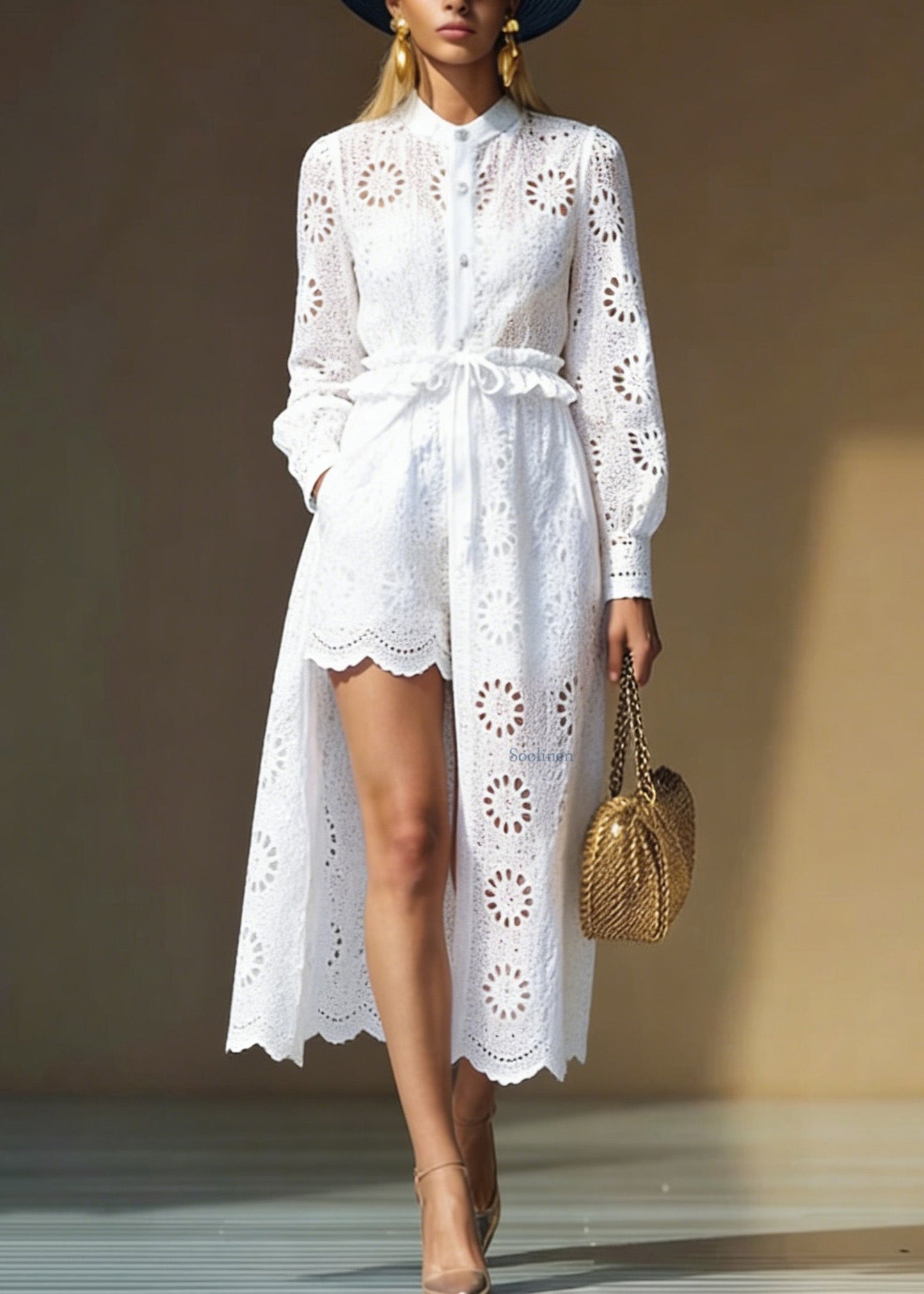 Italian White Hollow Out Cardigans and Shorts Cotton Two Pieces Set Spring