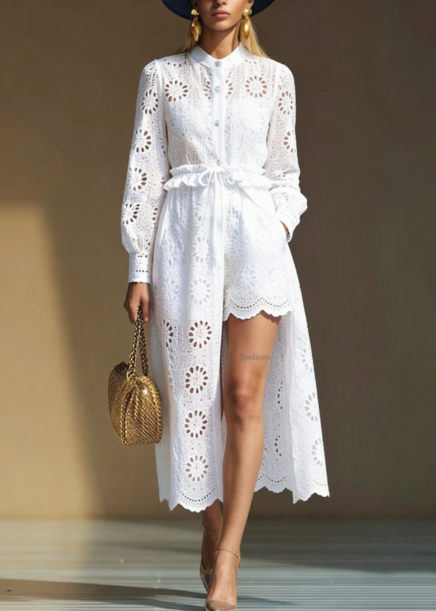 Italian White Hollow Out Cardigans and Shorts Cotton Two Pieces Set Spring