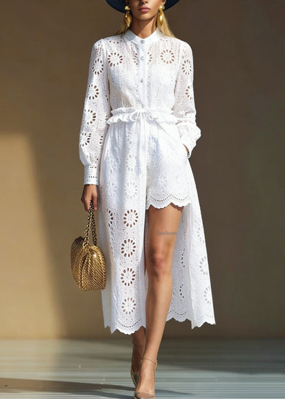 Italian White Hollow Out Cardigans and Shorts Cotton Two Pieces Set Spring