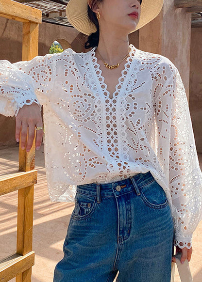 Italian White Hollow Out Cotton Shirts Spring