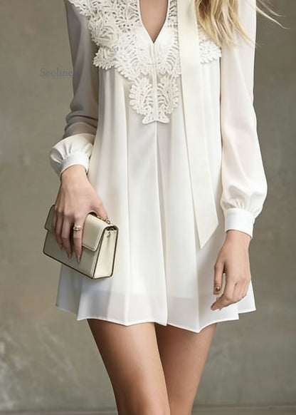 Italian White Lace Patchwork Chiffon Mini Dress Spring