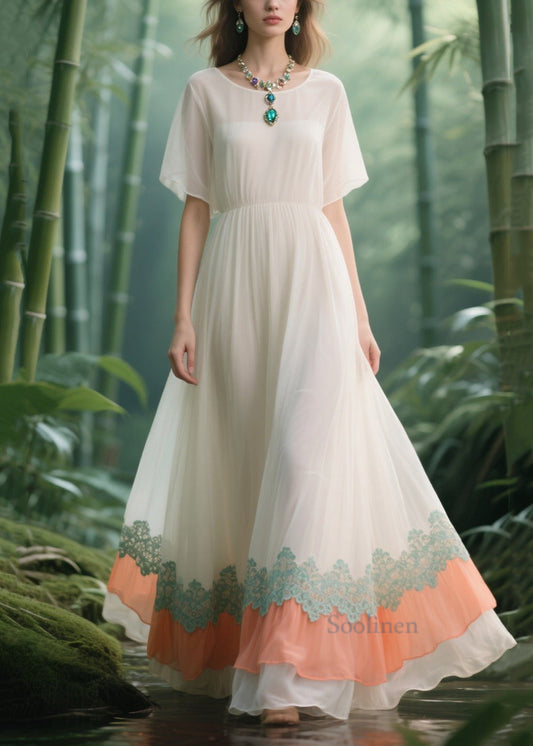 Italian White Lace Patchwork Draping Chiffon Vacation Dresses Summer
