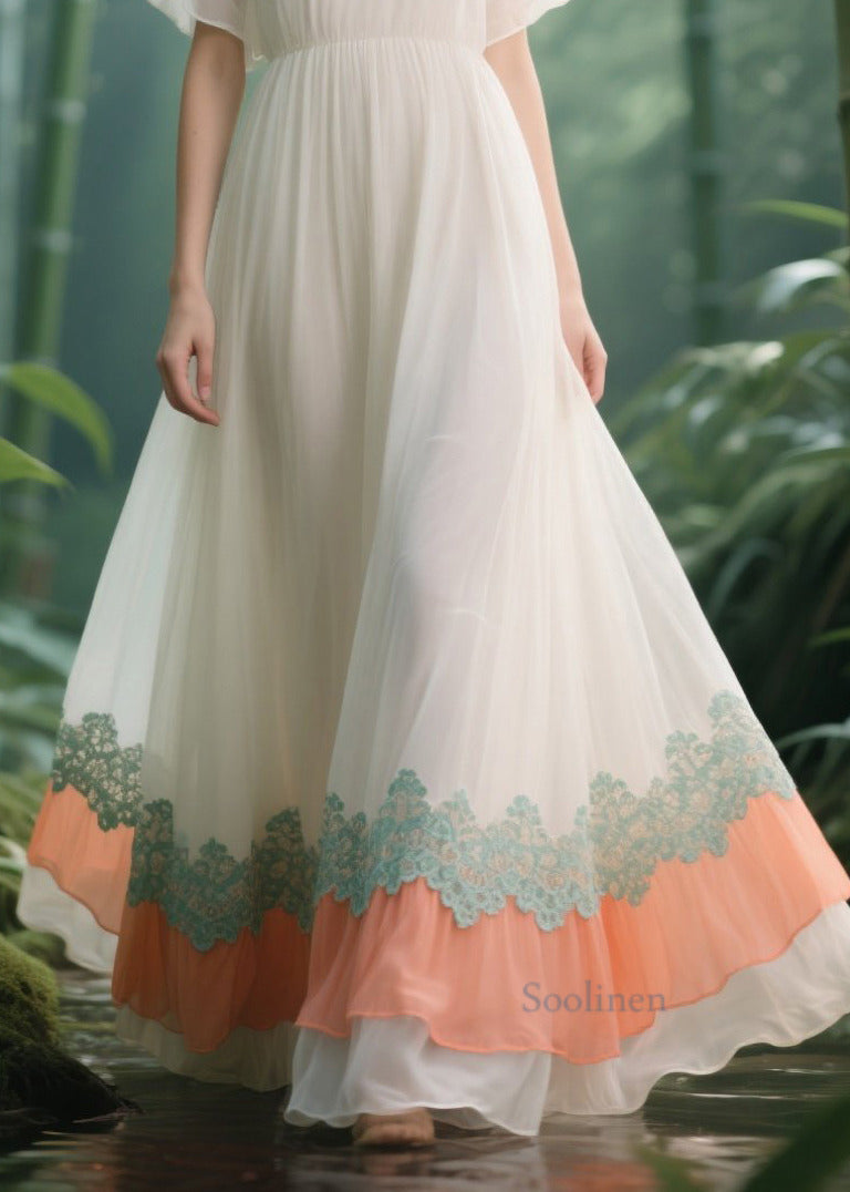 Italian White Lace Patchwork Draping Chiffon Vacation Dresses Summer