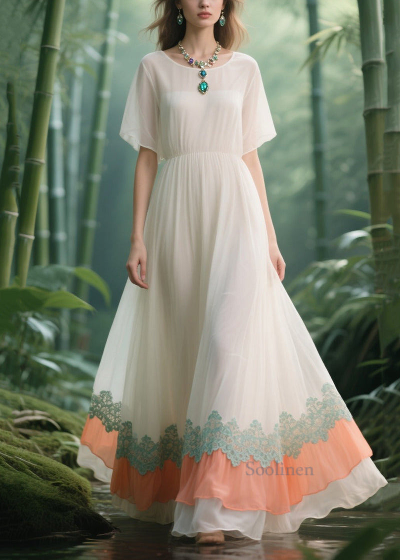 Italian White Lace Patchwork Draping Chiffon Vacation Dresses Summer