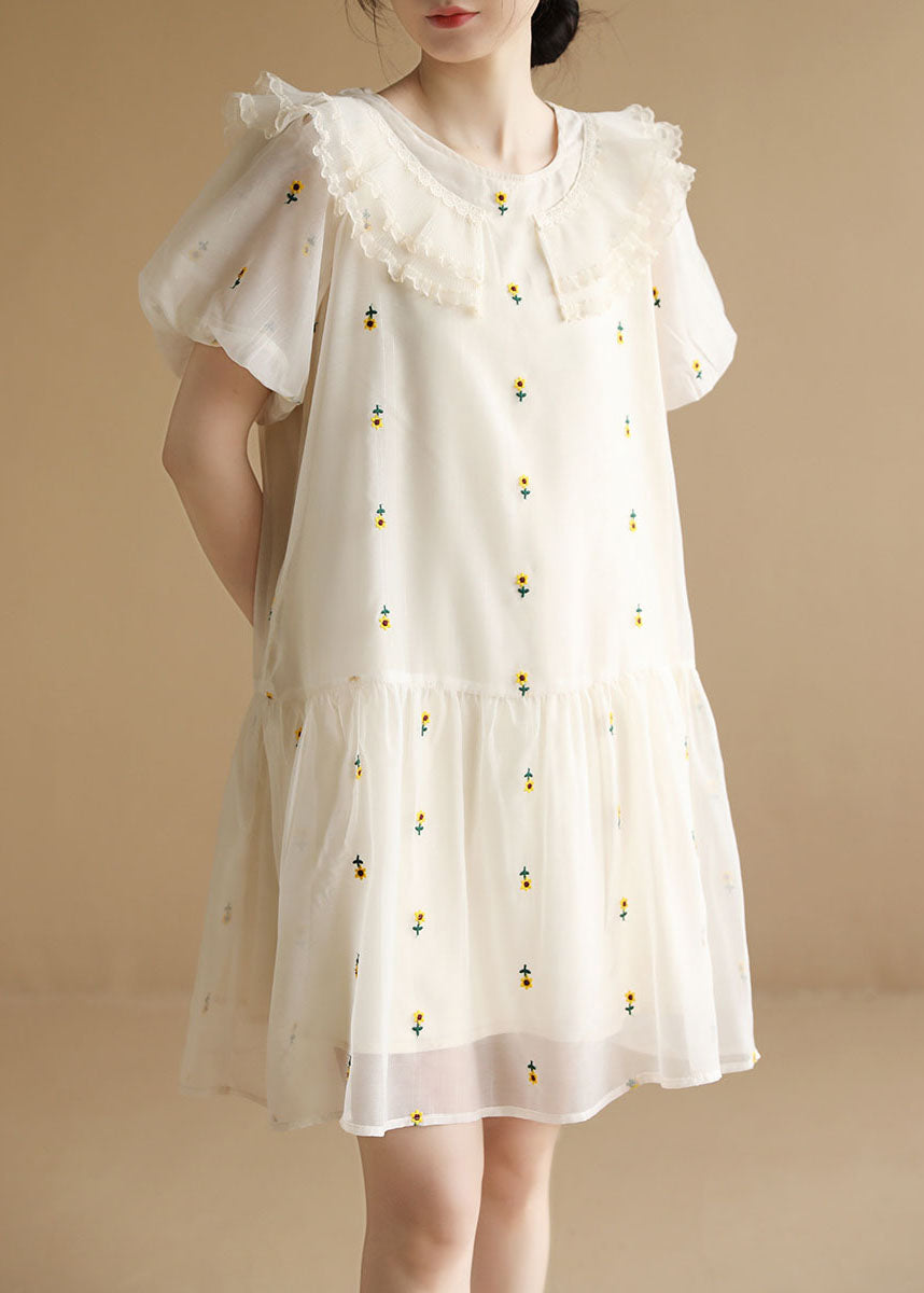 Italian White O-neck Embroideried Tulle Vacation Dresses Short Sleeve
