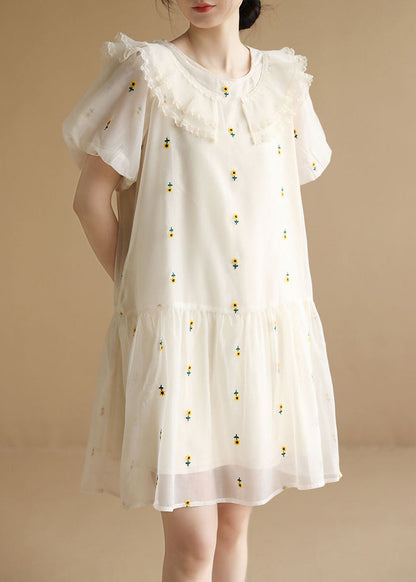 Italian White O-neck Embroideried Tulle Vacation Dresses Short Sleeve