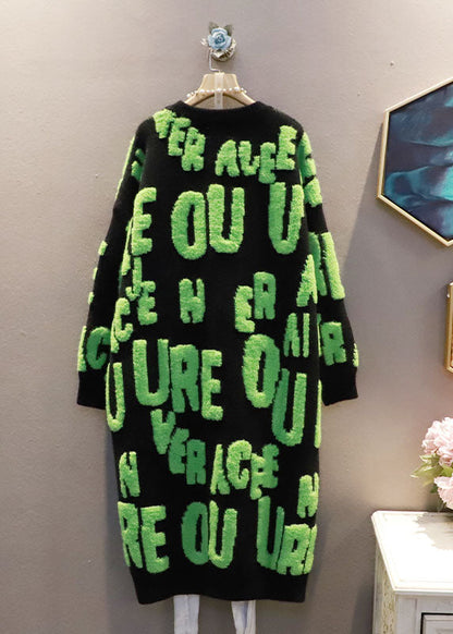 Italian White O-neck Oversized Letter Jacquard Long Sweater Winter
