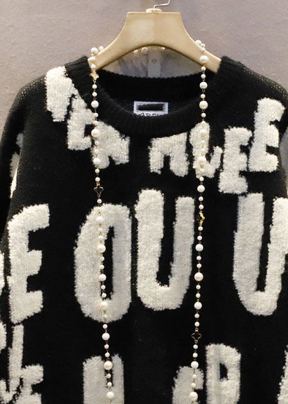 Italian White O-neck Oversized Letter Jacquard Long Sweater Winter