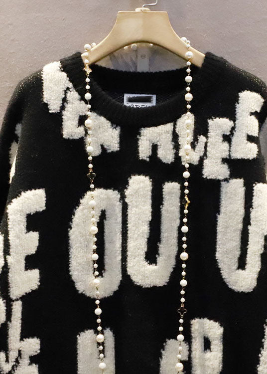 Italian White O-neck Oversized Letter Jacquard Long Sweater Winter