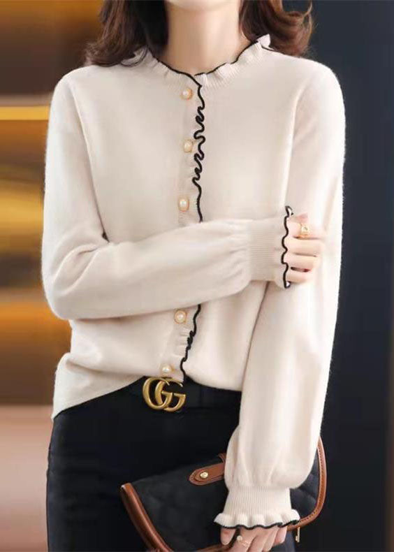 Italian White O-neck Ruffled Pearl Button Knit Cardigan Winter