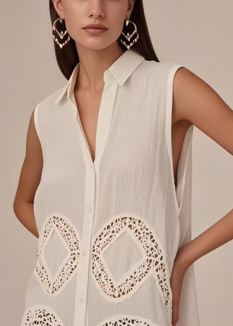 Italian White Peter Pan Collar Hollow Out Cotton Blouses Sleeveless