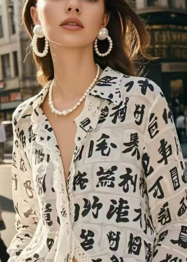 Italian White Print Lace Patchwork Chiffon Blouses Summer