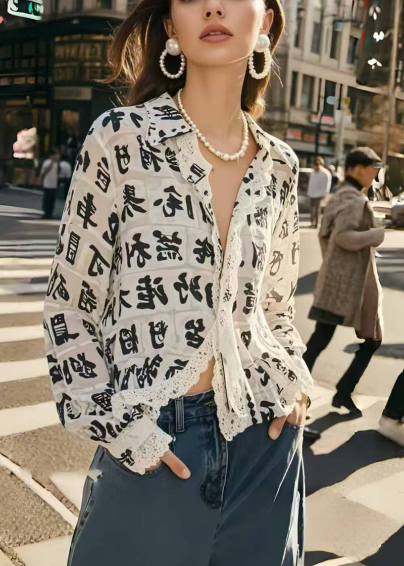 Italian White Print Lace Patchwork Chiffon Blouses Summer