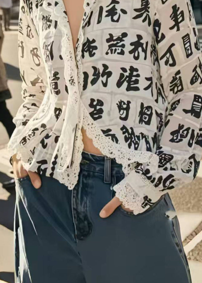 Italian White Print Lace Patchwork Chiffon Blouses Summer