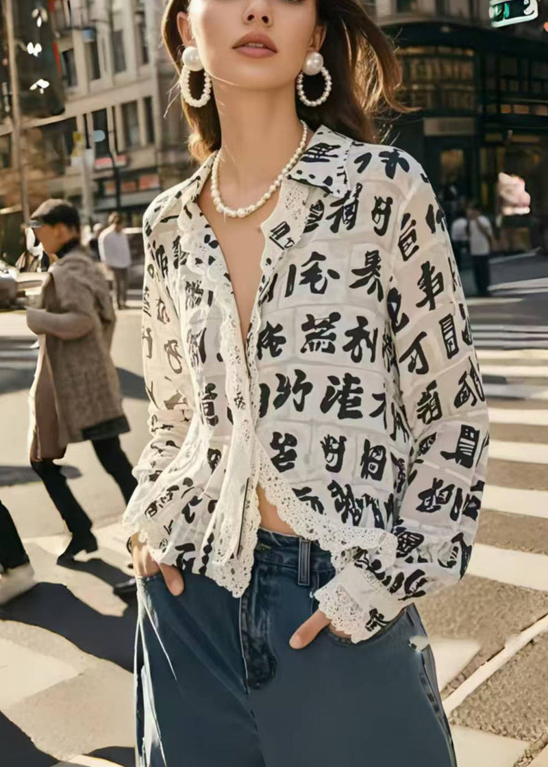 Italian White Print Lace Patchwork Chiffon Blouses Summer