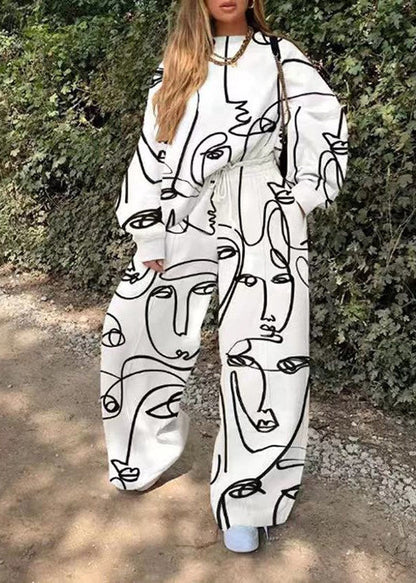 Italian White Print Top and Wide Leg Pants Two Piece Set Spring