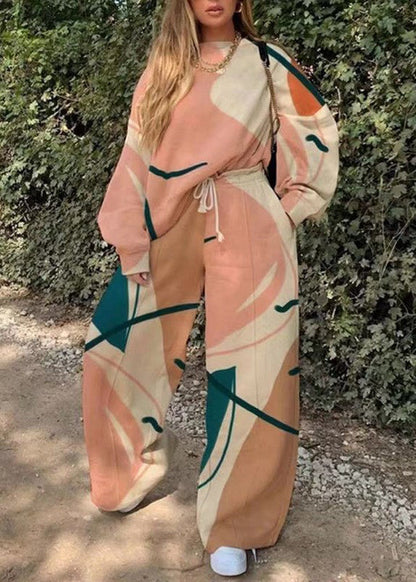 Italian White Print Top and Wide Leg Pants Two Piece Set Spring