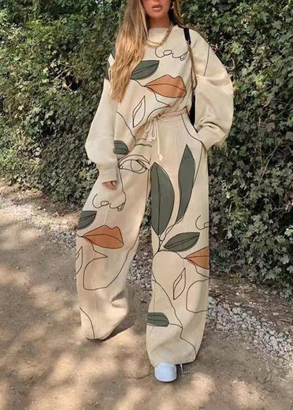Italian White Print Top and Wide Leg Pants Two Piece Set Spring