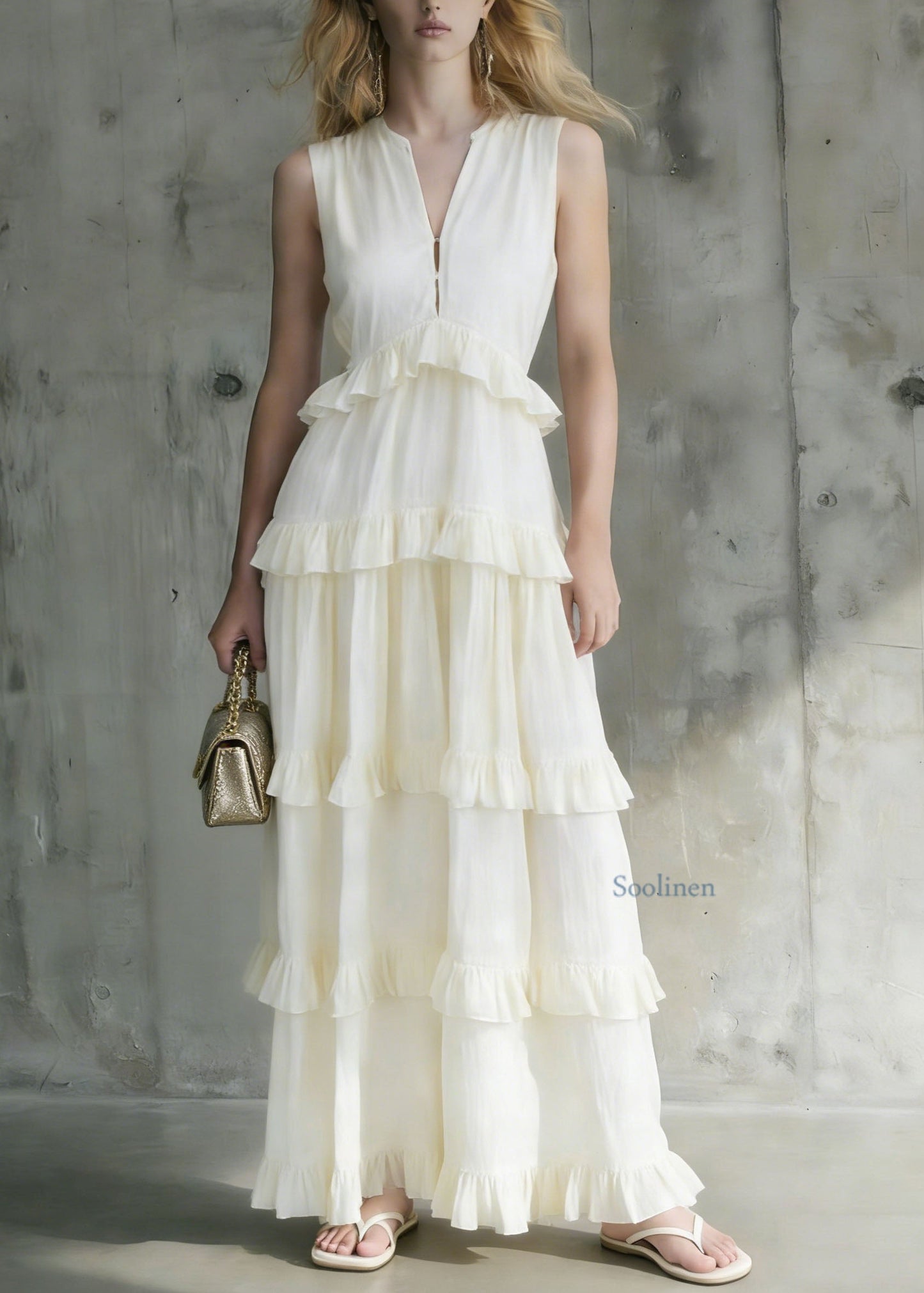 Italian White Ruffled Patchwork Cotton Long Dresses Summer