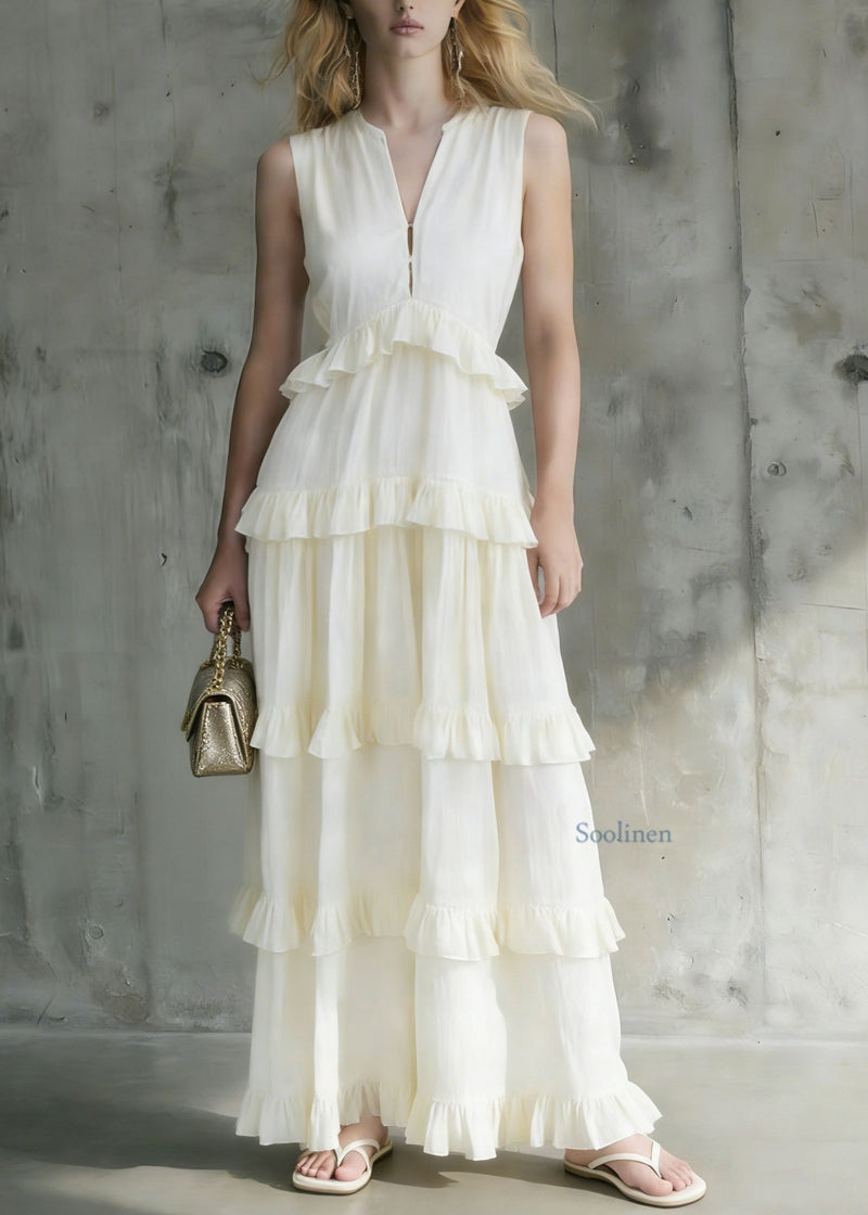 Italian White Ruffled Patchwork Cotton Long Dresses Summer