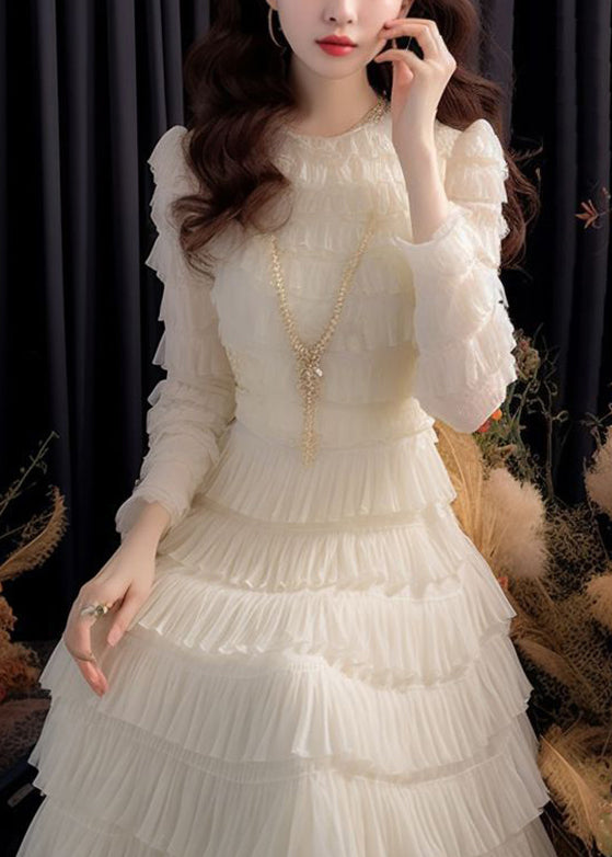 Italian White High Waist Chiffon Dresses Long Sleeve