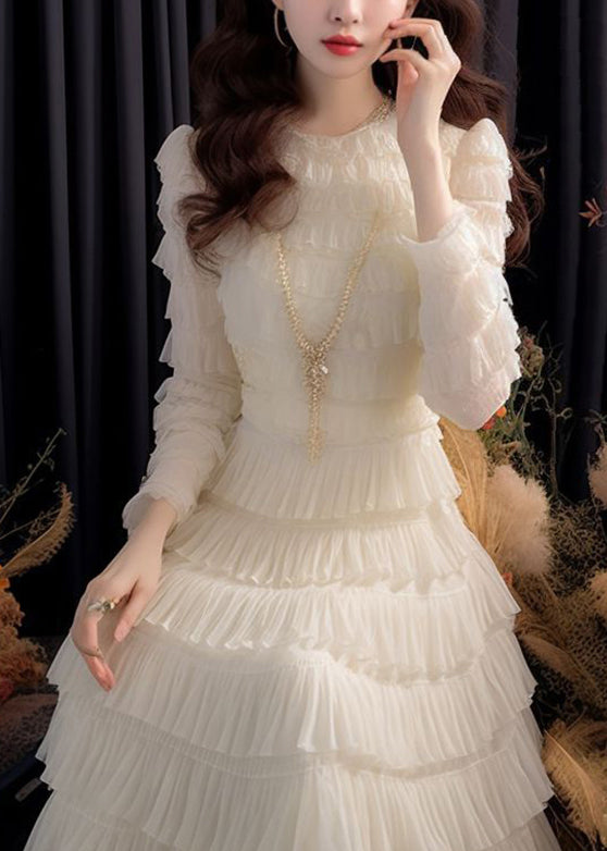 Italian White High Waist Chiffon Dresses Long Sleeve