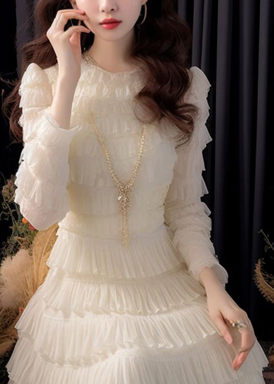 Italian White High Waist Chiffon Dresses Long Sleeve