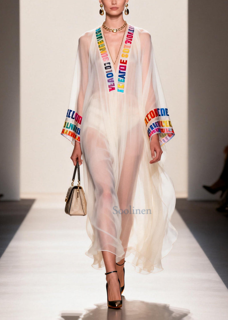 Italian White V Neck Letter Print Chiffon Sheer Dress Summer
