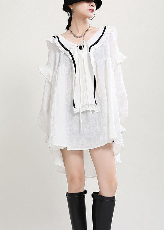 Italian White V Neck Loose Patchwork Fall Long Sleeve Dress