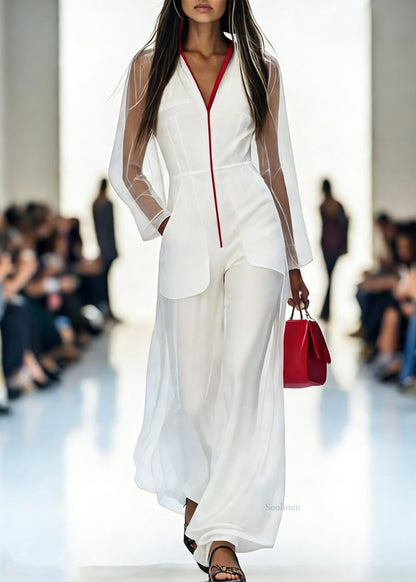 Italian White V Neck Pockets Tulle Jumpsuits Pants Spring
