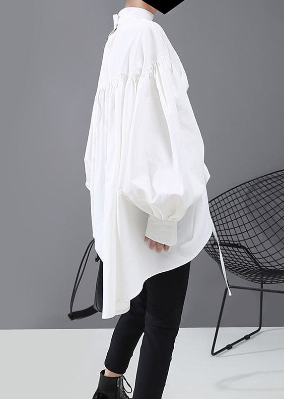 Italian White Drawstring Stand Collar Tops Puff Sleeve
