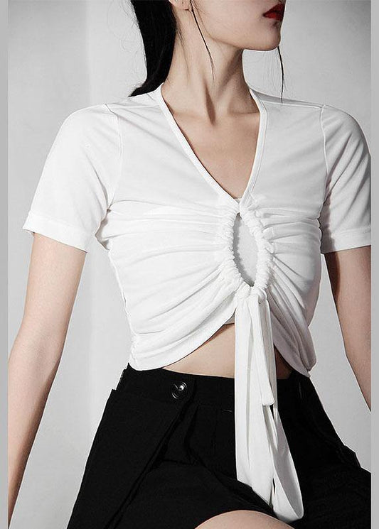 Italian White Drawstring V Neck Tops Summer