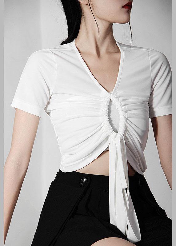 Italian White Drawstring V Neck Tops Summer