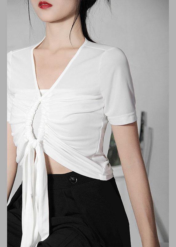 Italian White Drawstring V Neck Tops Summer