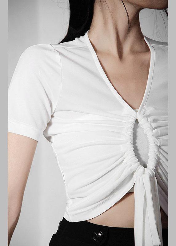 Italian White Drawstring V Neck Tops Summer