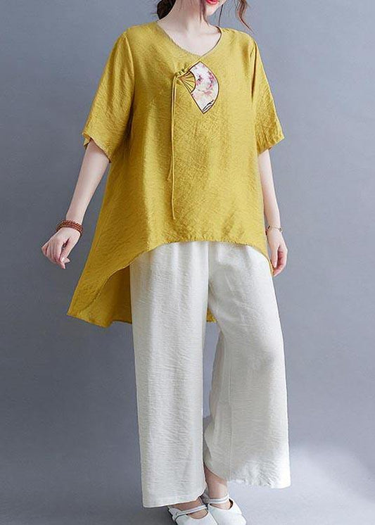 Italian Yellow Embroideried Cotton Linen Top Summer